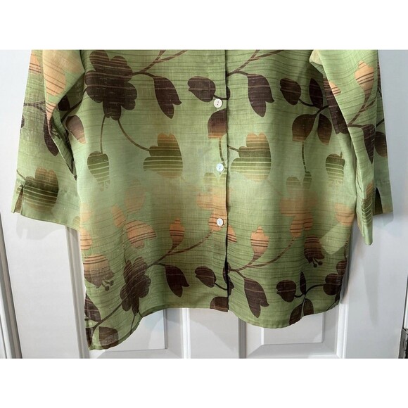 VINTAGE Alfred Dunner Tropical Floral Semi-Sheer Blouse Button Up Green Size 10 - Picture 3 of 5